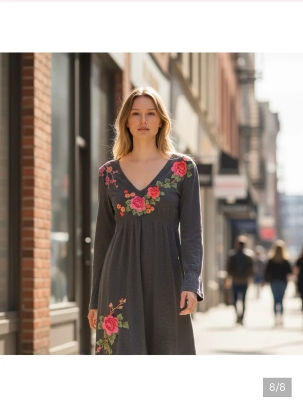 Johnny Was V-Neck Charcoal Grey Dress with Red and Pink Floral Embroidery - Picture 4 of 8